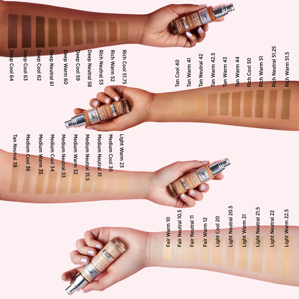 IT Cosmetics Light Warm Foundation with hyaluronic acid visuals emphasize hydration ingredients