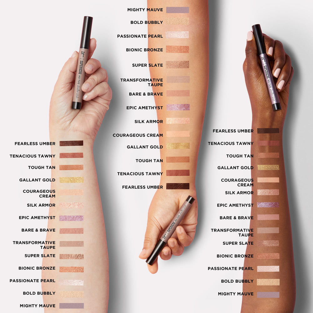 IT Cosmetics No-Tug shade display highlights matte and pearl finishes.