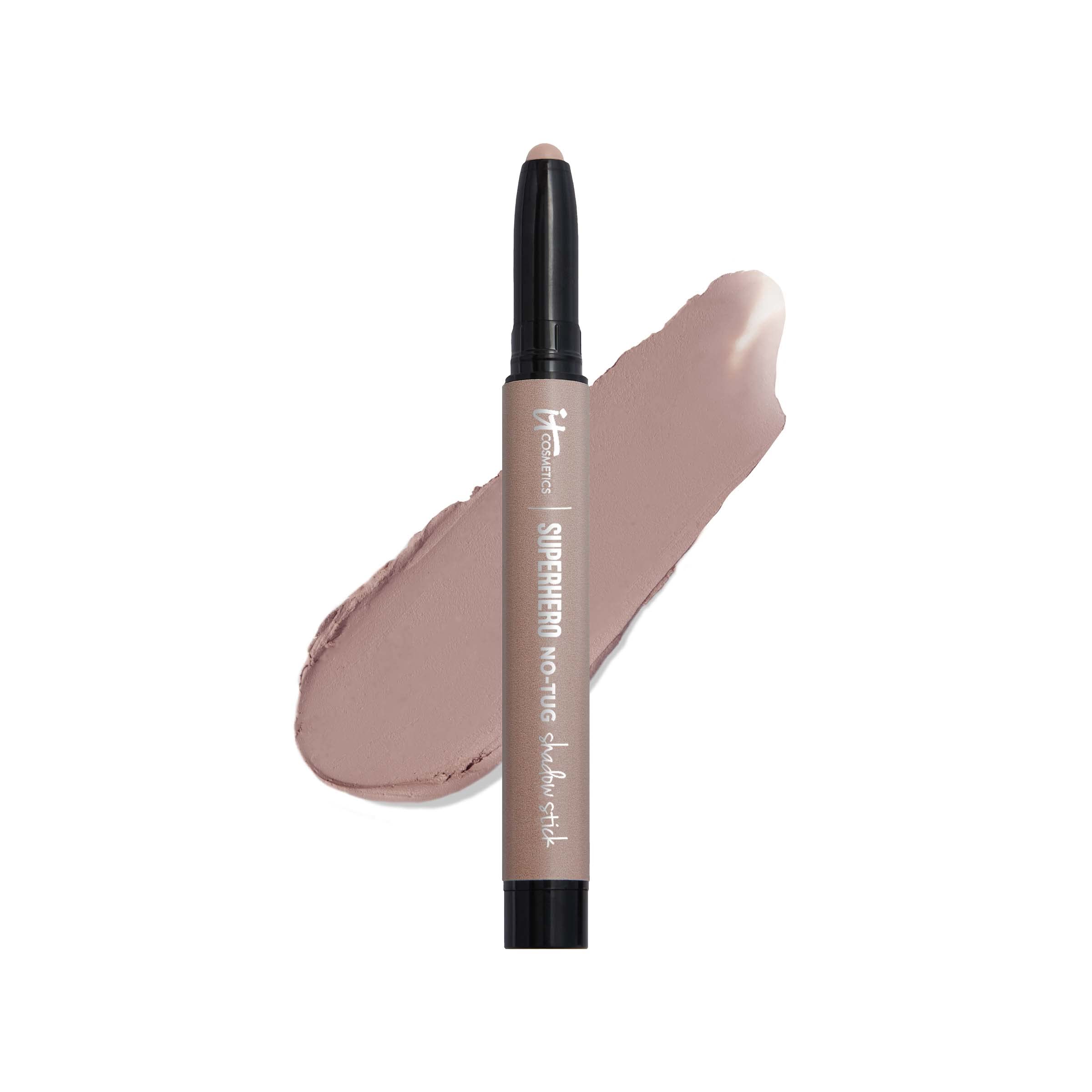 IT Cosmetics No-Tug Waterproof Taupe Cream Eyeshadow Stick swatch showing rich taupe for long wear.