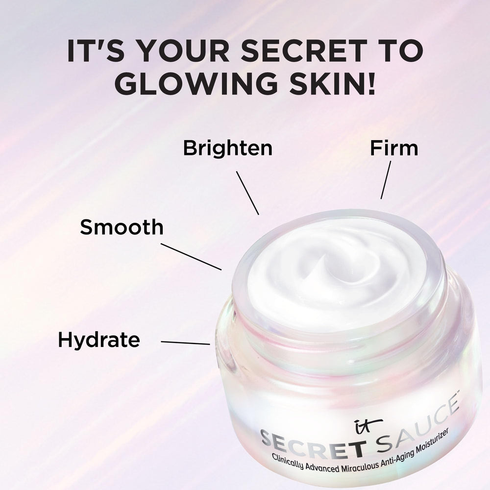 IT Cosmetics Secret Sauce Ferment Concentrate illustration emphasizes enhanced hydration and anti-aging support