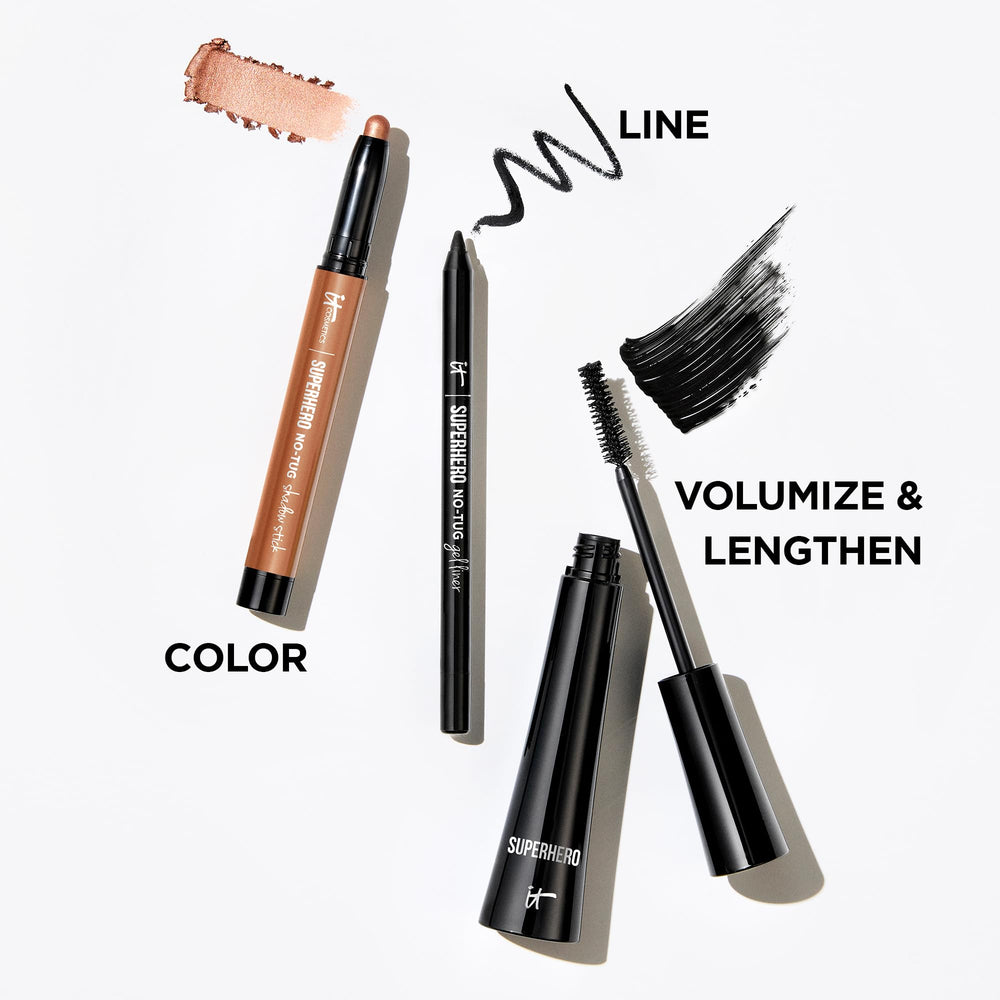 IT Cosmetics Superhero Mascara ingredients collage shows collagen, biotin, peptides for lash health.