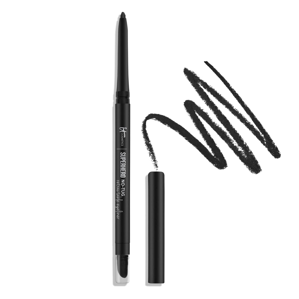 IT Cosmetics Superhero No-Tug Eyeliner in black, close-up glide for smooth lining.