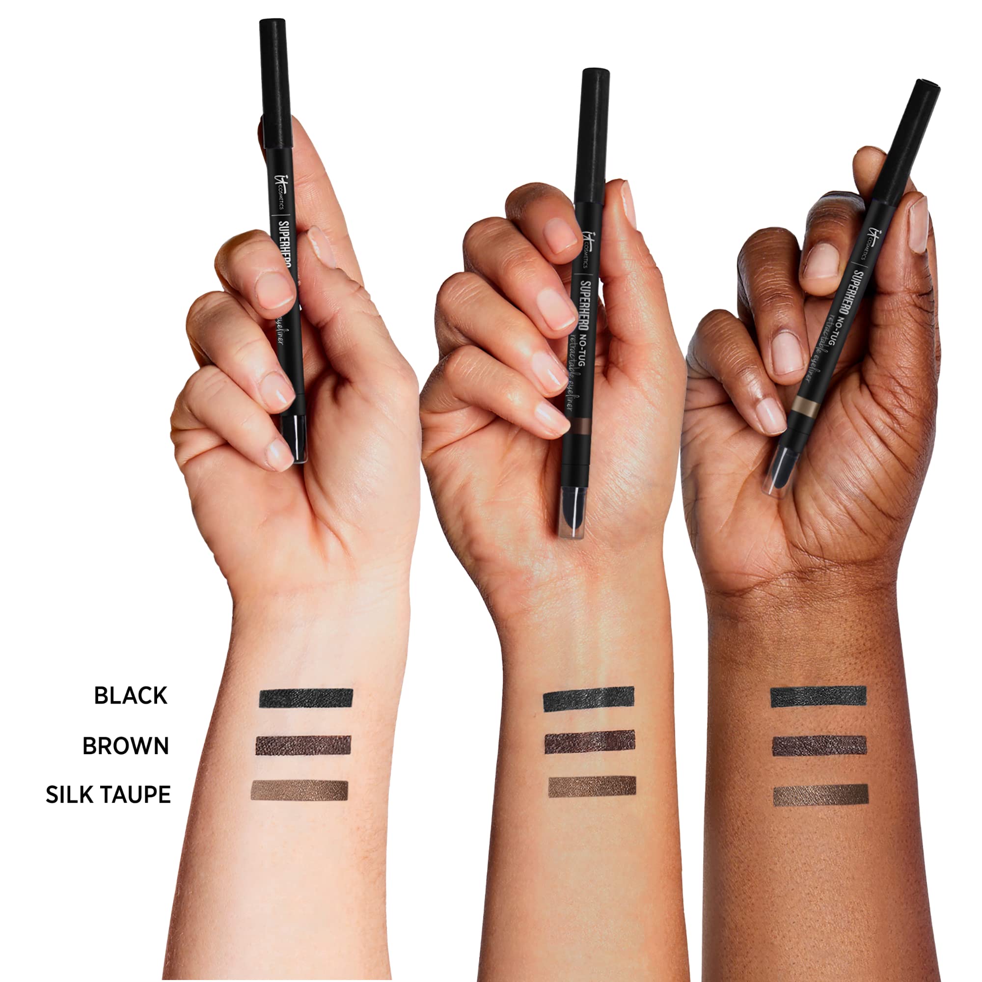 IT Cosmetics Superhero No-Tug brown eyeliner close-up on skin highlights long-wear formula.