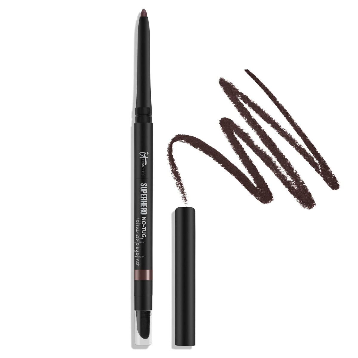 IT Cosmetics Superhero No-Tug retractable brown eyeliner twist-up pencil smooth glide for all-day wear.