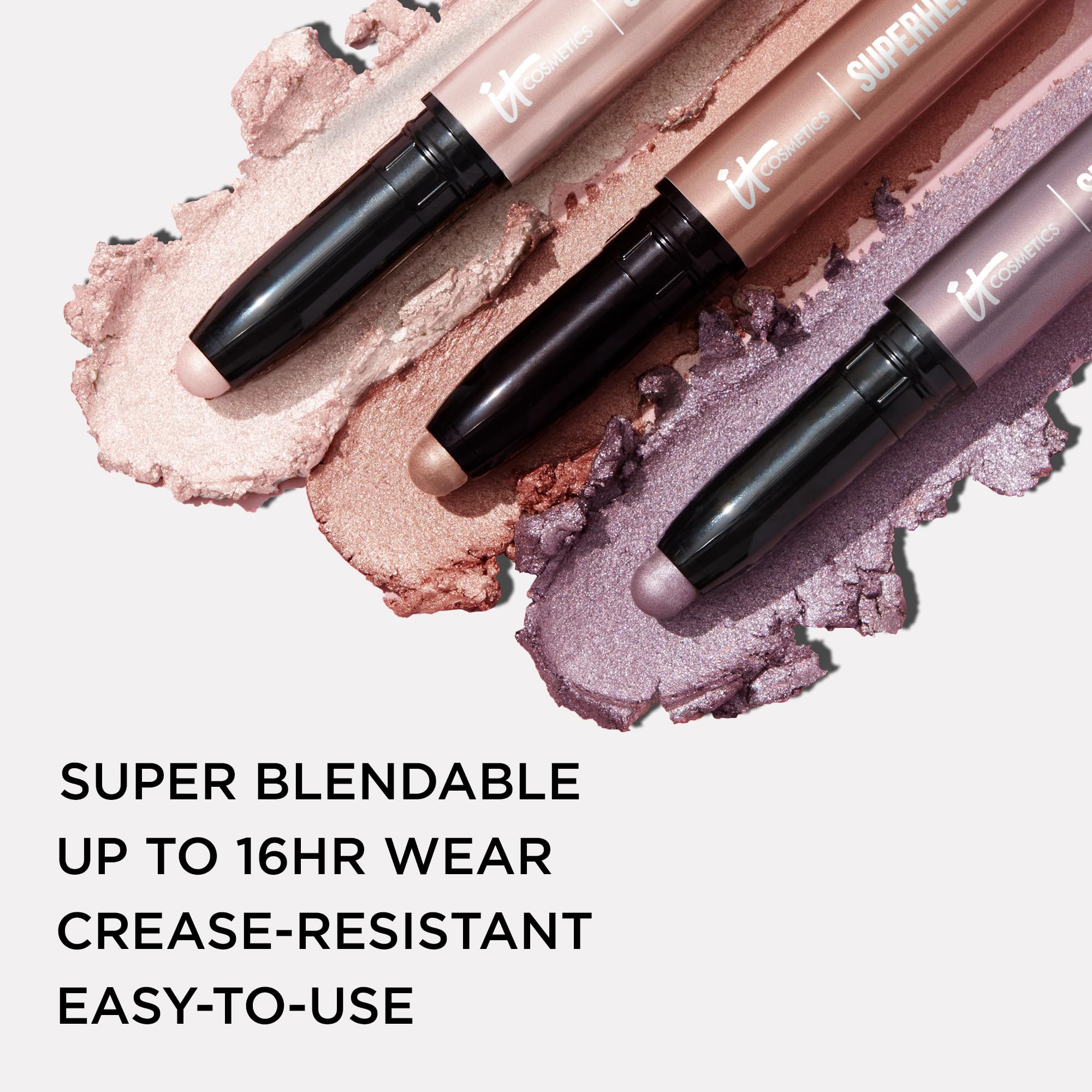 IT Cosmetics No-Tug glide close-up highlights smooth blend without tugging on eyelids.