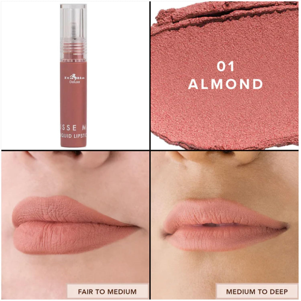Italia Deluxe Pick 1 Almond lip swatch shows rich color with long wear potential.