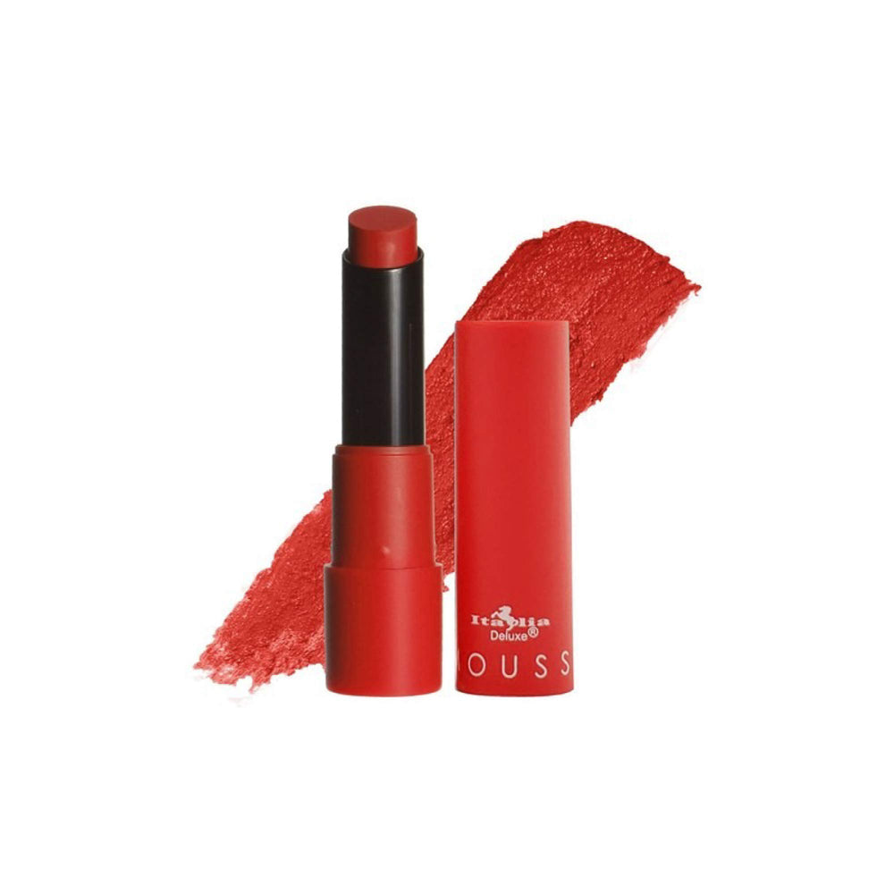 Italia Deluxe Poison Apple lipstick close-up showcasing rich pigment and comfortable wear.