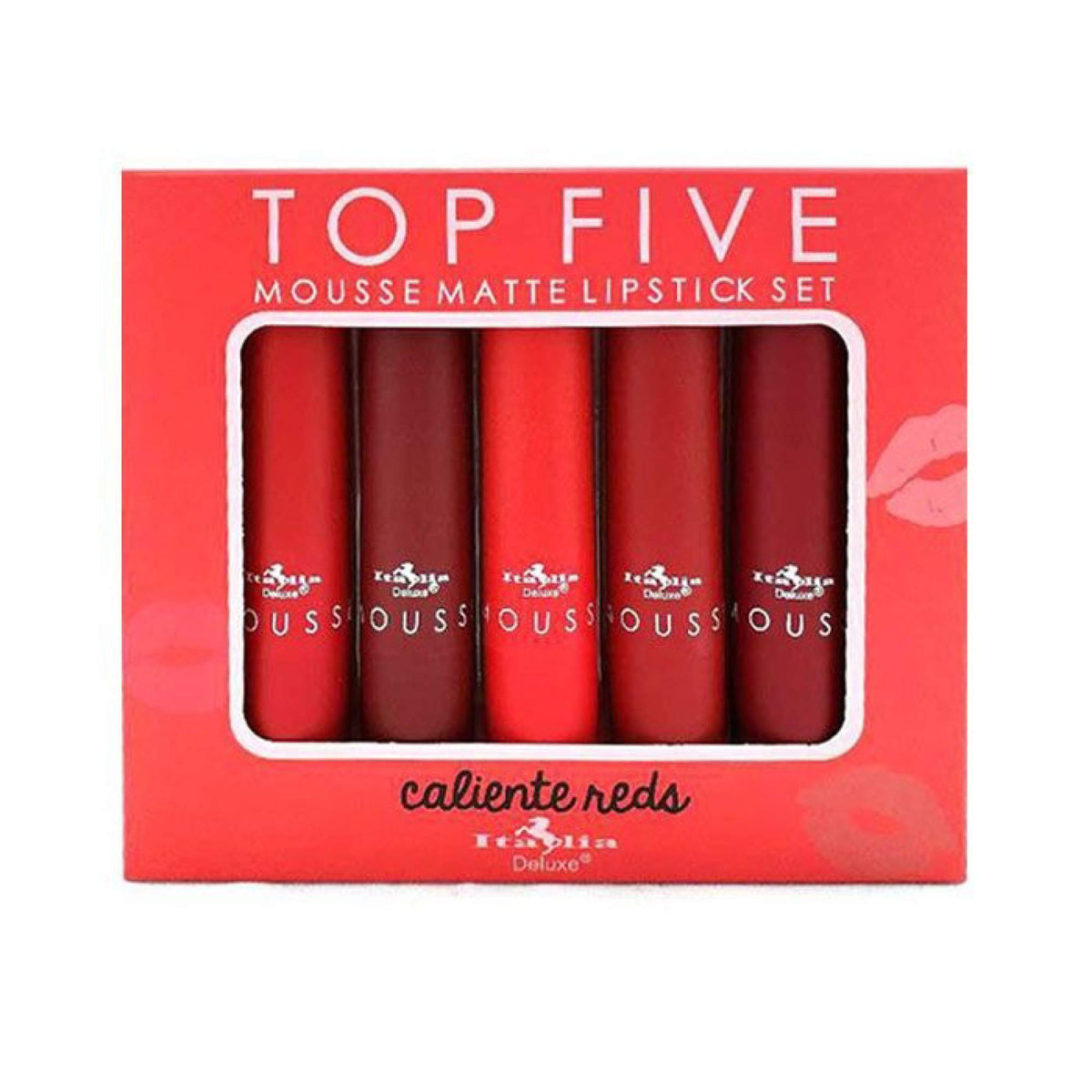 Italia Deluxe Stiletto mousse matte lipstick close-up for bold color with long-lasting wear.