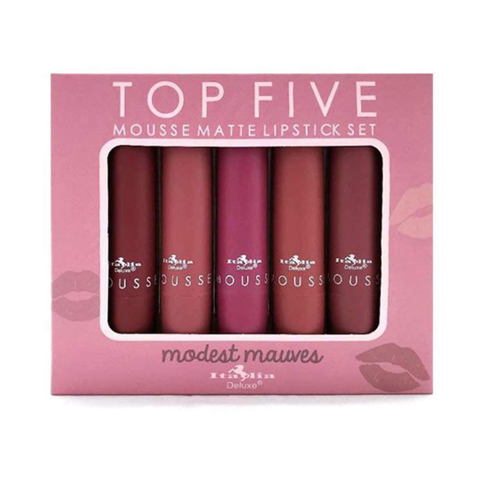 Italia Deluxe top-five mousse lipstick set packaging for gifting, premium gift-ready presentation