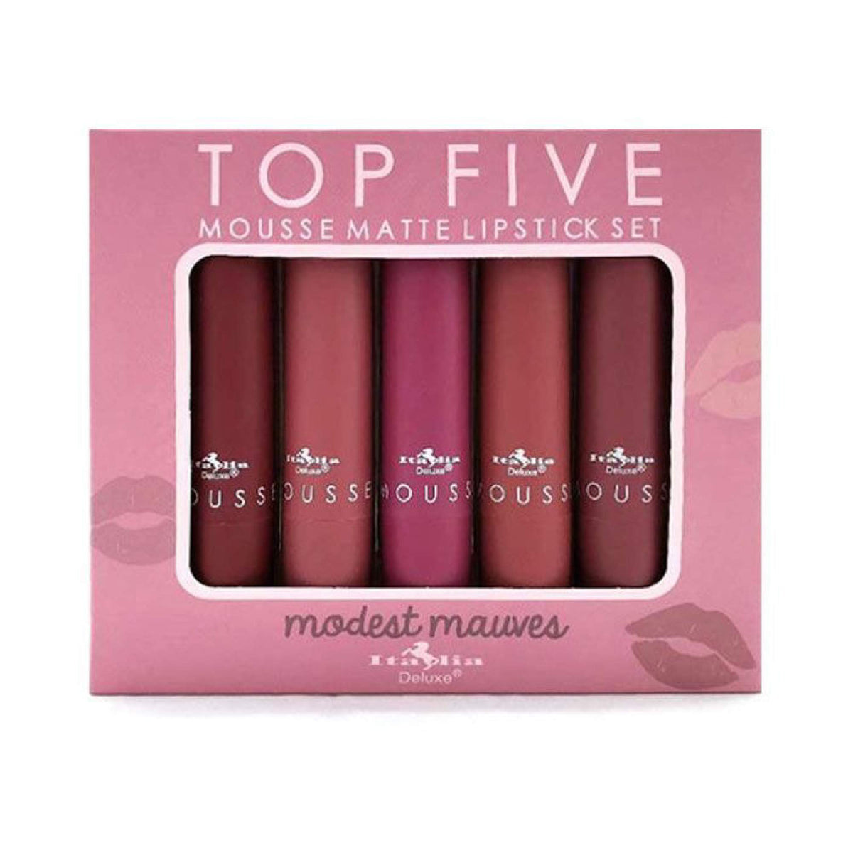 Italia Deluxe top-five mousse lipstick set packaging for gifting, premium gift-ready presentation