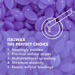 Italwax Orchid Jelly Wax elastic formula allows smooth removal across curved areas.