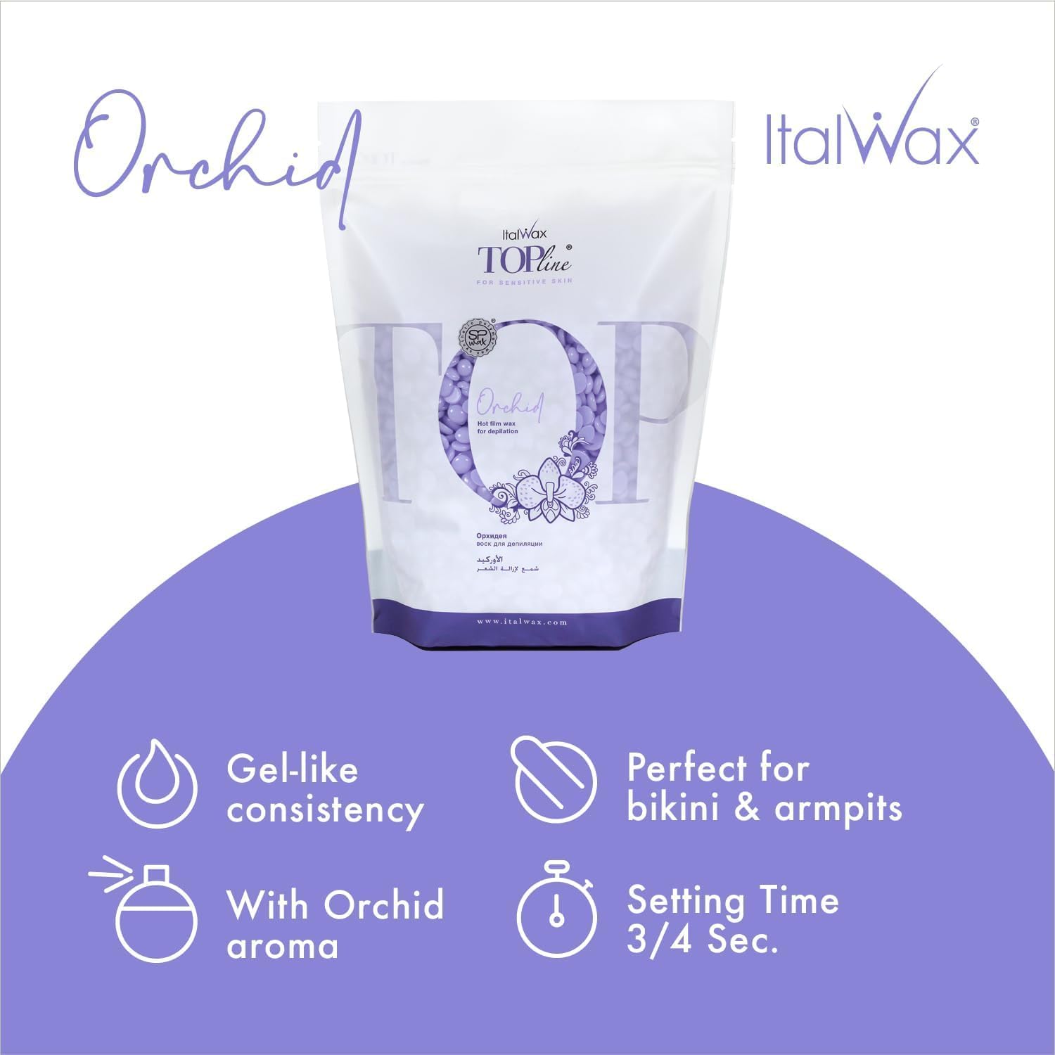 Italwax Orchid Jelly Wax offers strong grip on thick hairs during challenging zones.