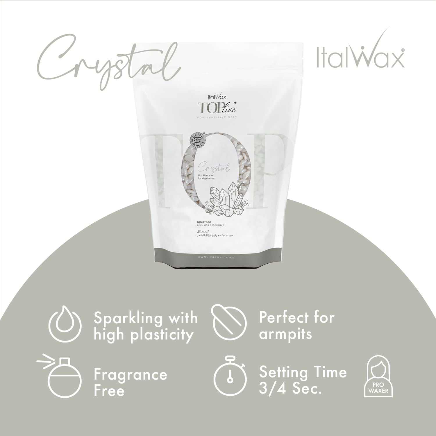 Italwax Top Line Crystal Wax fragrance- and colorant-free for reactive skin.