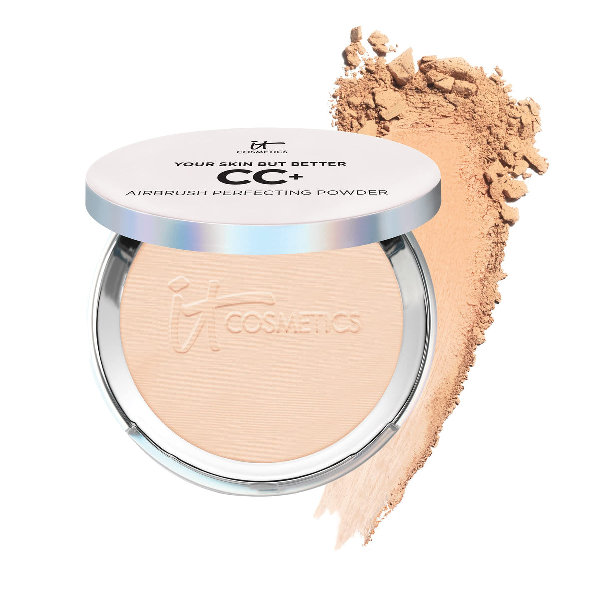 IT Cosmetics CC+ Airbrush Powder compact shows pore-blurring finish for smoother skin.