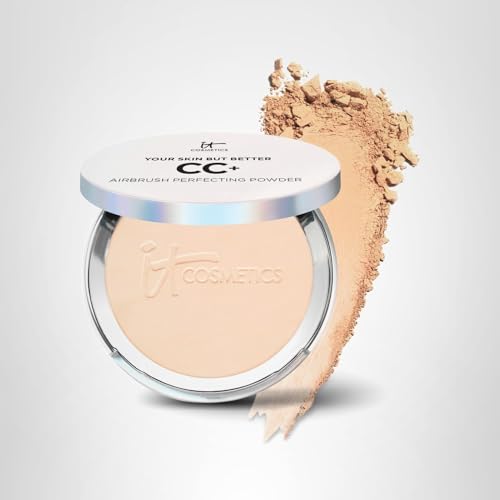 IT Cosmetics CC+ Airbrush Powder open-compact showcases portable touch-ups for on-the-go use.