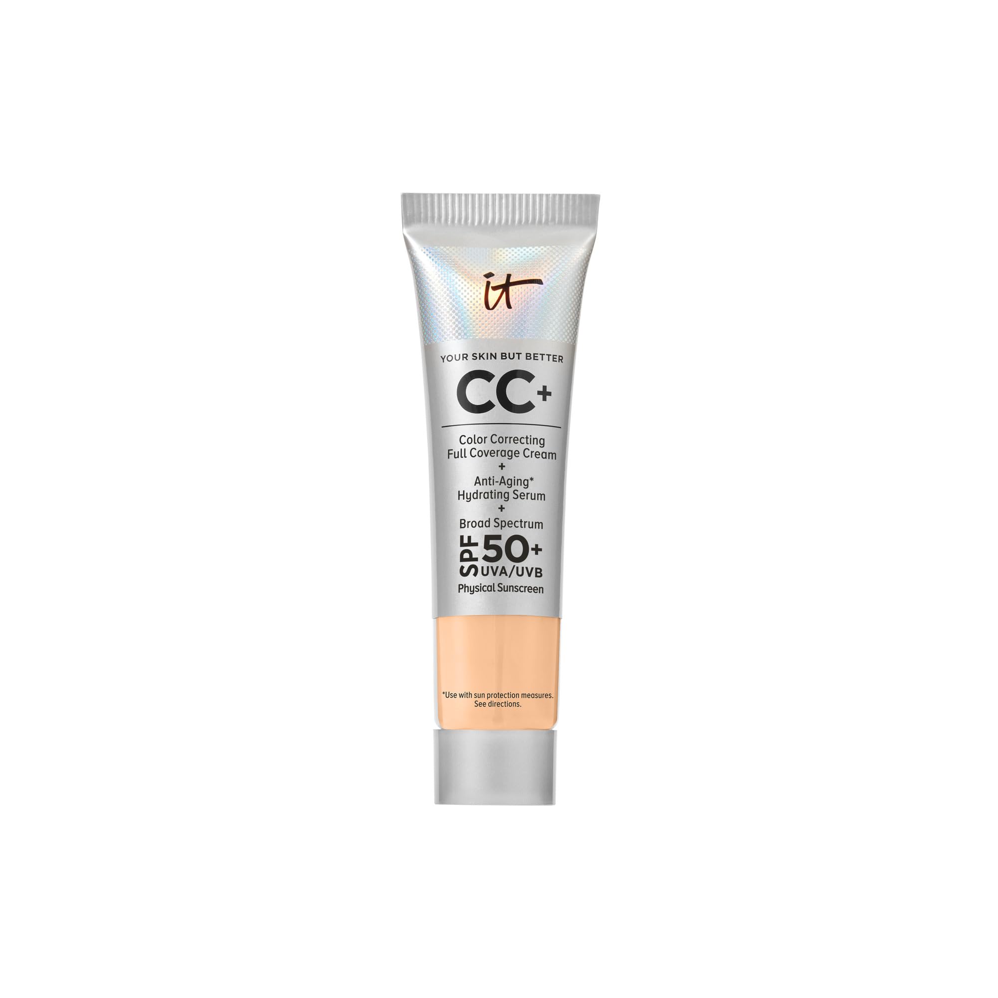 IT Cosmetics CC+ Cream travel tube highlighting portable foundation for all-day coverage on the go.