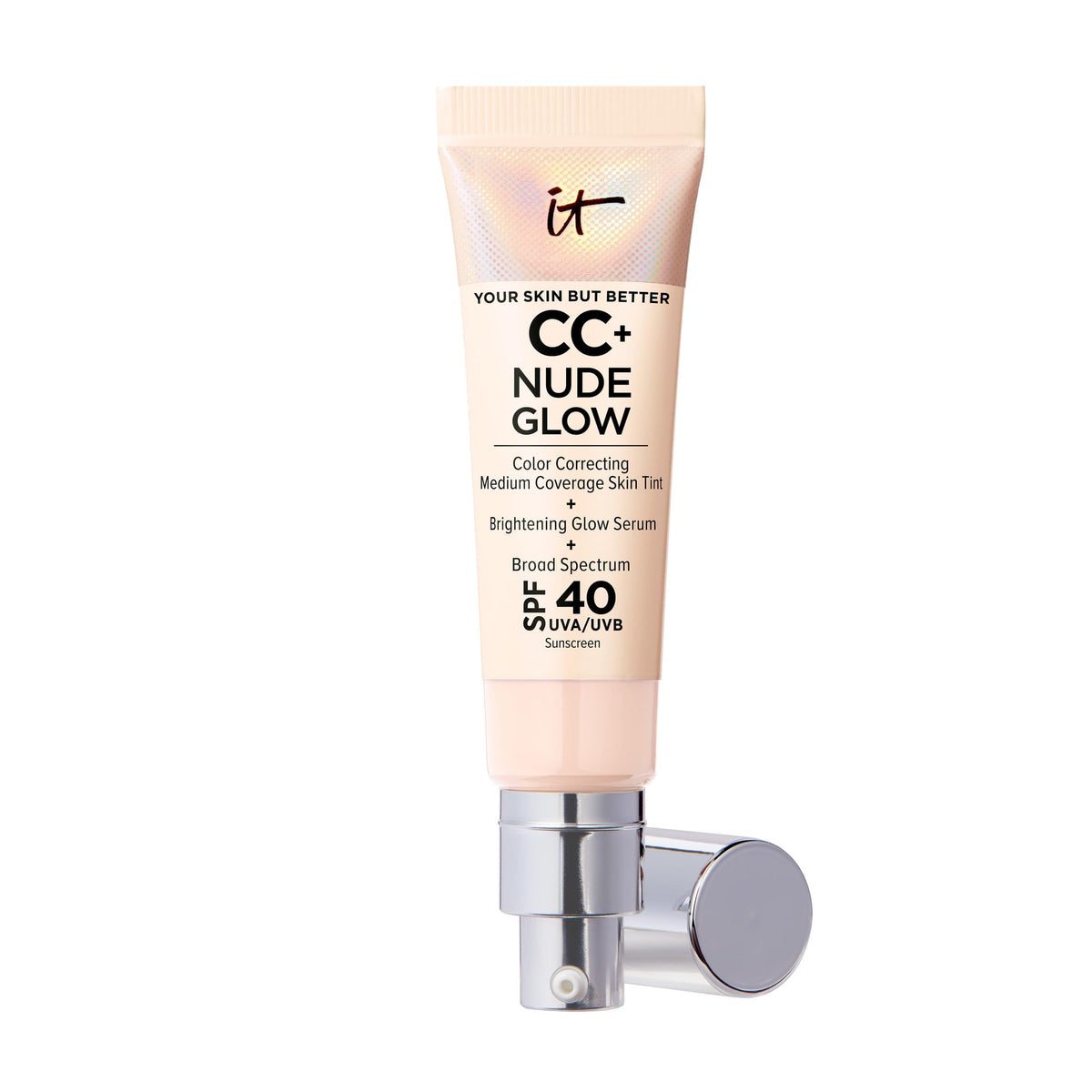 IT Cosmetics CC+ Nude Glow bottle shows SPF 40 protection and lightweight coverage for daily wear.