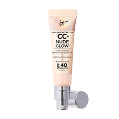 IT Cosmetics CC+ Nude Glow bottle shows SPF 40 protection and lightweight coverage for daily wear.