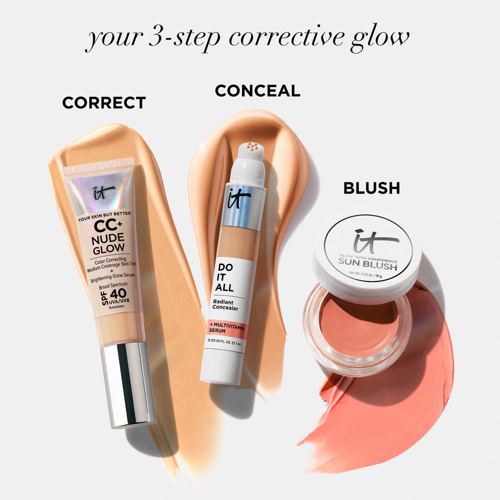 IT Cosmetics CC+ Nude Glow green tea extract icon implies antioxidant protection for skin.