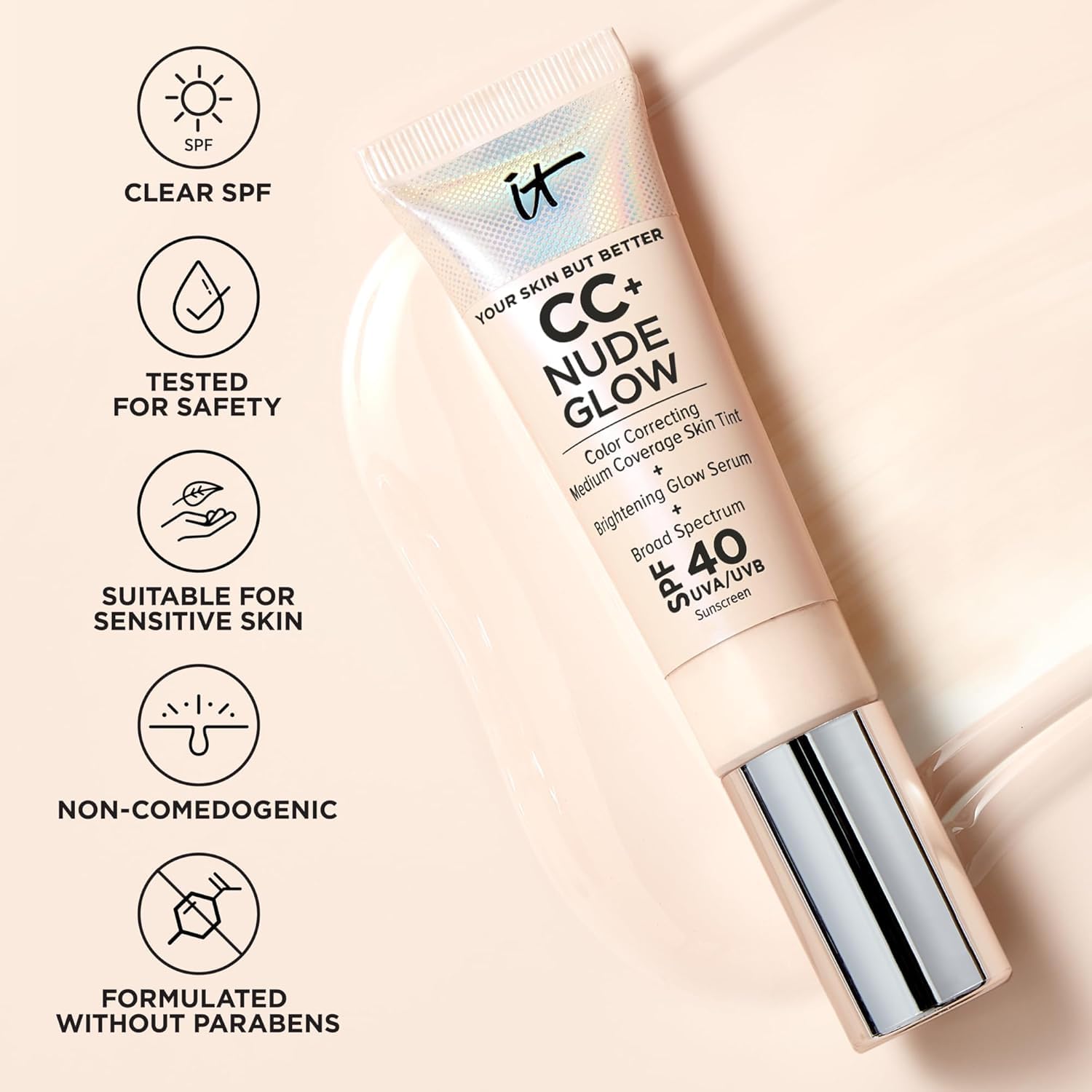 IT Cosmetics CC+ Nude Glow texture close-up of lightweight formula
