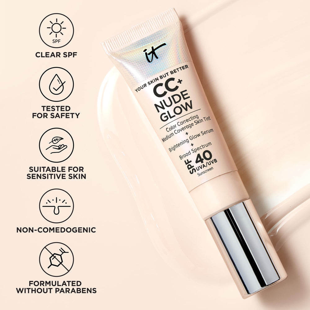 IT Cosmetics CC+ Nude Glow niacinamide-rich formula image emphasizes brightening and smoother texture.