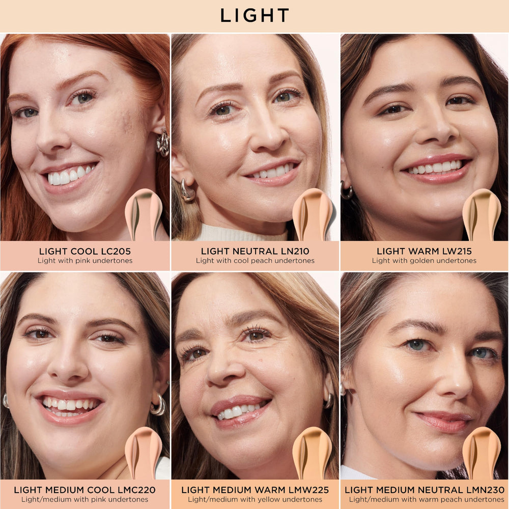 Swatches on skin showing shade Light Medium Warm.