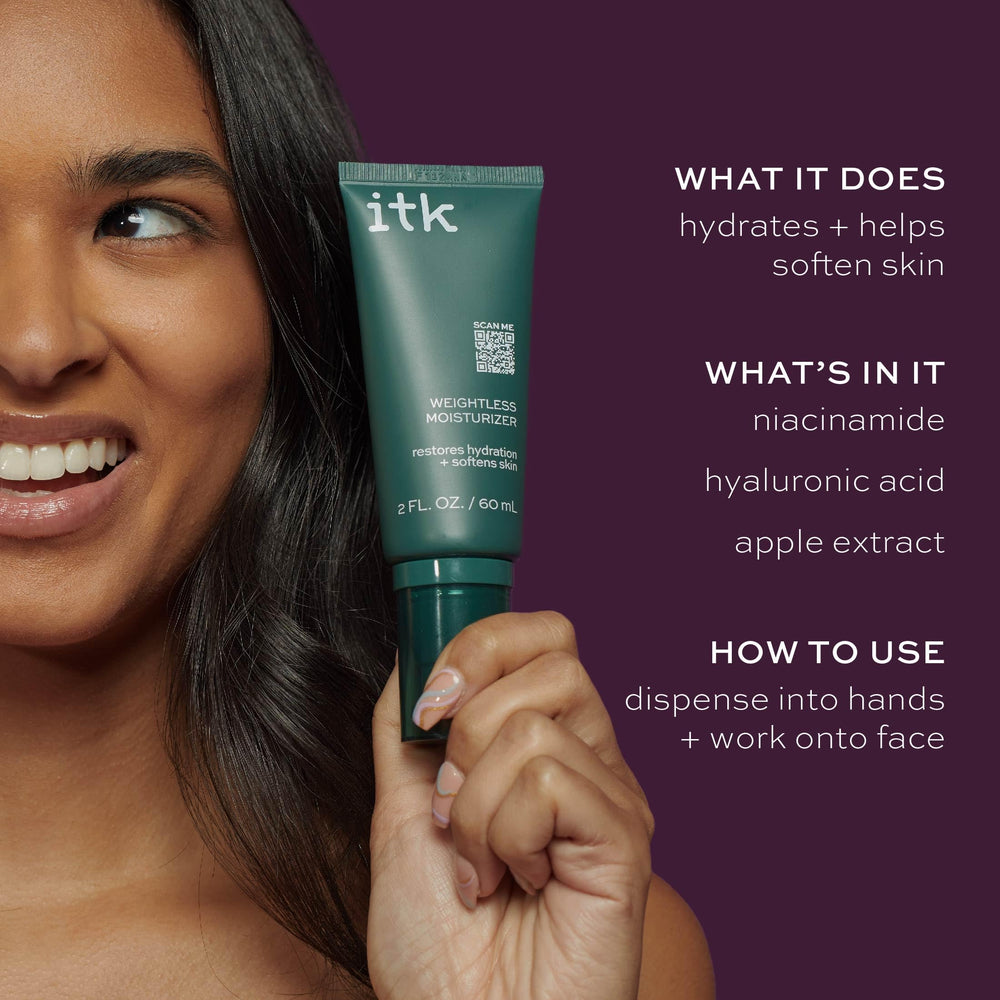 ITK Skincare bathroom-routine scene highlights daily cleanse and hydrating follow-up.