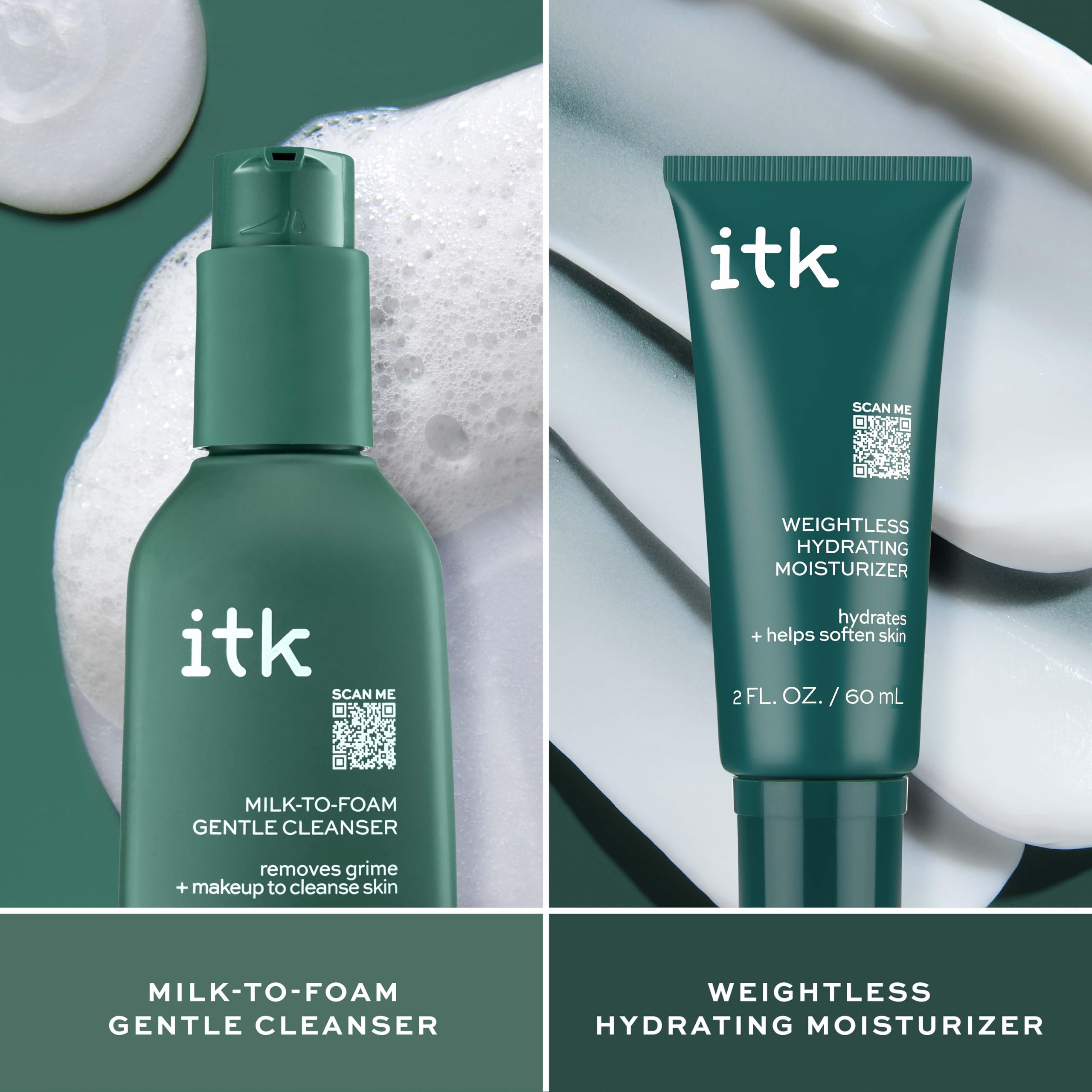ITK Skincare moisturizer bottle showcases weightless hydration for a non-greasy finish.