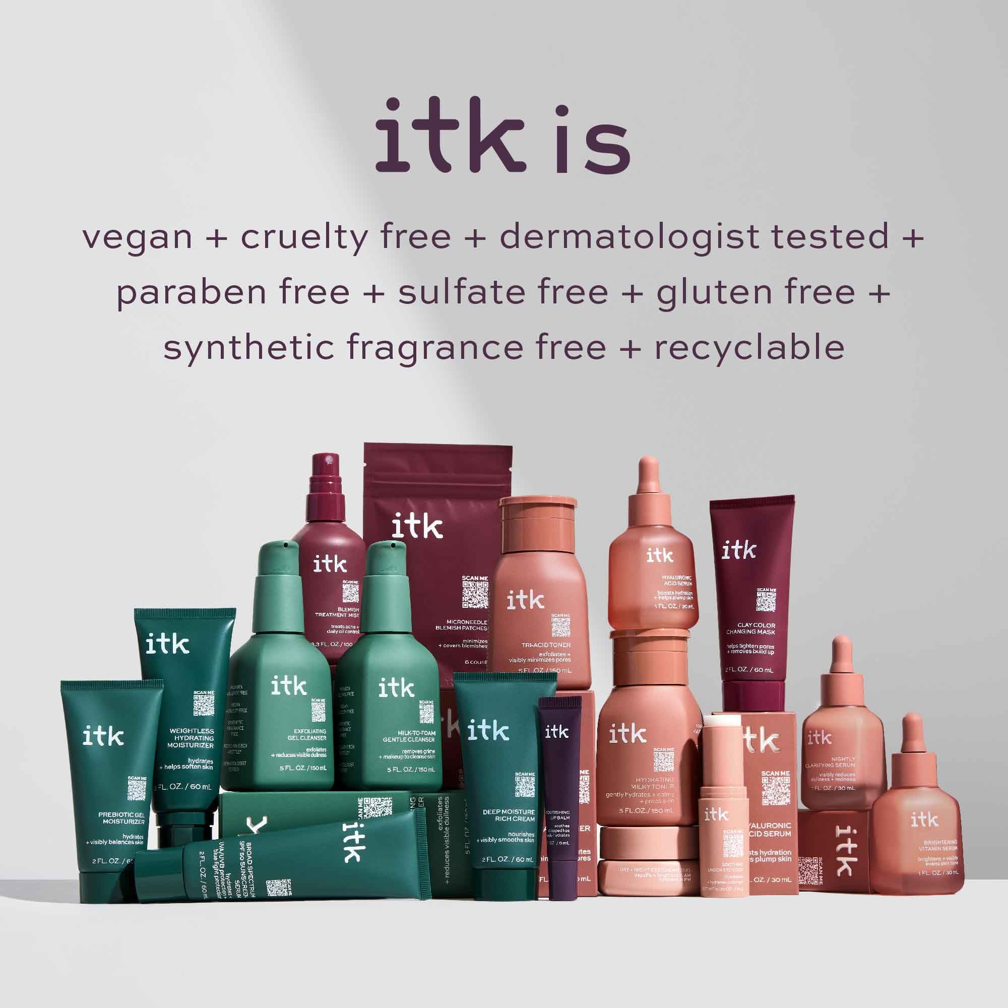 ITK Skincare travel-friendly packaging shows compact set for on-the-go cleansing.