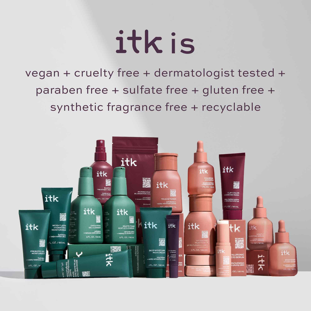 ITK Skincare travel-friendly packaging shows compact set for on-the-go cleansing.