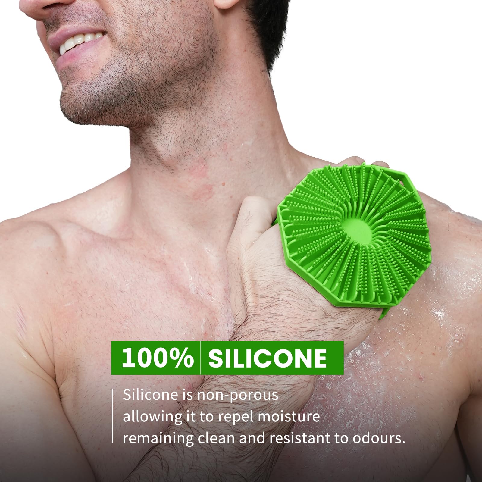 iTokGoK 2in1 silicone body scrubber held in hands illustrating dual cleansing options
