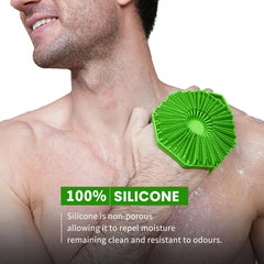 iTokGoK 2in1 silicone body scrubber held in hands illustrating dual cleansing options
