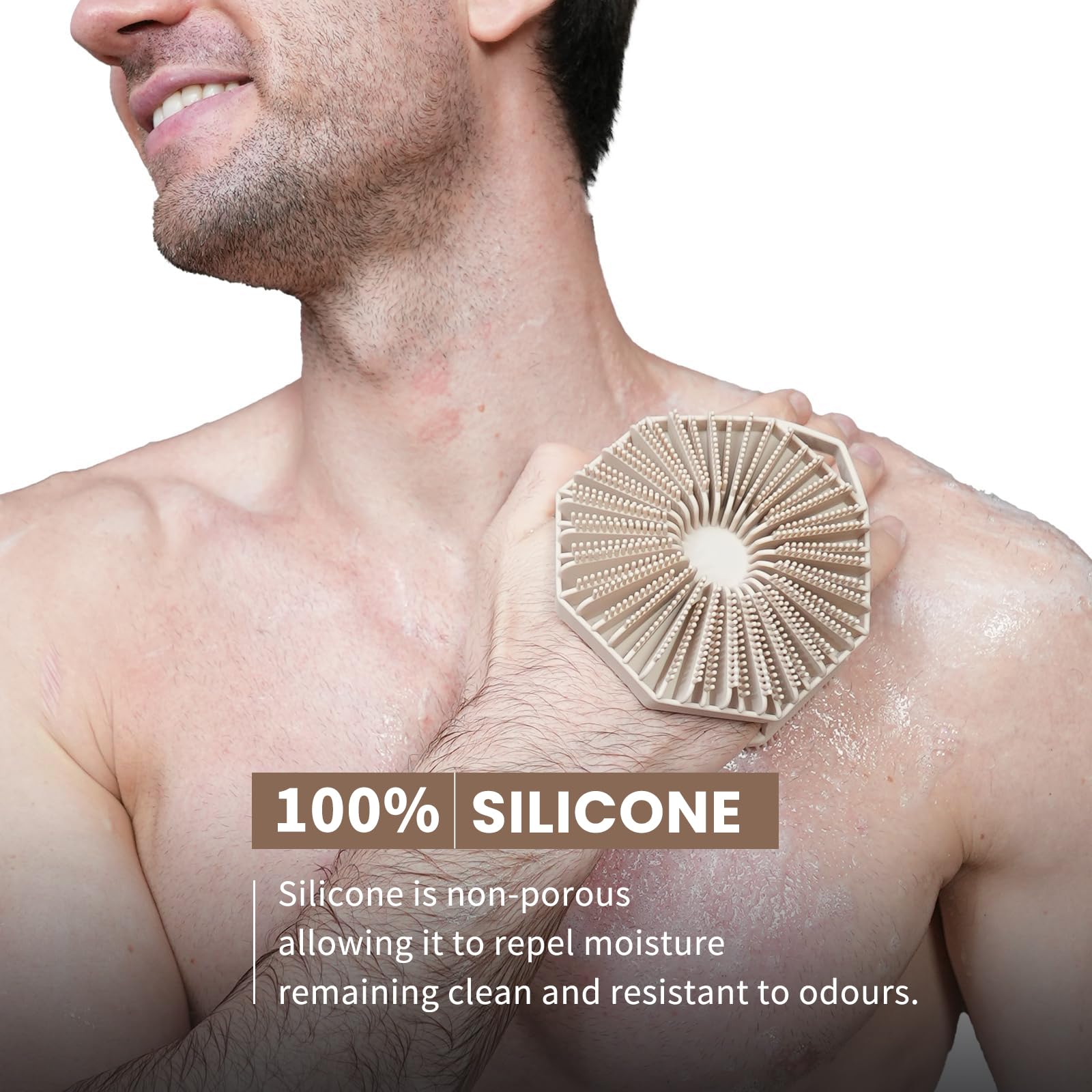 iTokGoK double-sided silicone scrubber showcases dual sides for cleansing and exfoliation.