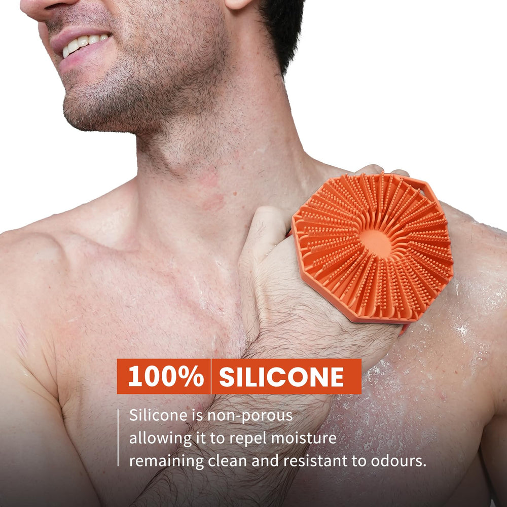 itokgok orange silicone scrubber with fine bristles provides gentle exfoliation.