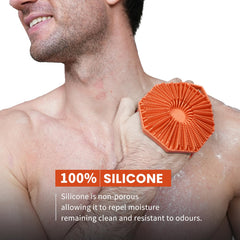 itokgok orange silicone scrubber with fine bristles provides gentle exfoliation.