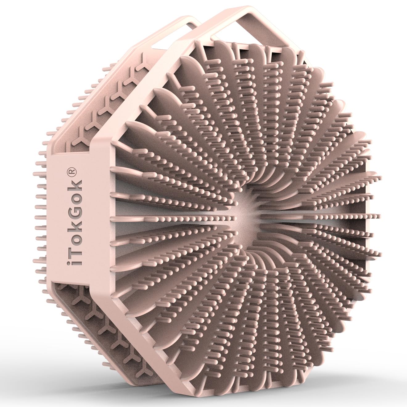 iTokGoK silver-infused 2-in-1 silicone body scrubber in sand pink offers gentle cleansing and exfoliation.