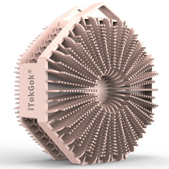 iTokGoK silver-infused 2-in-1 silicone body scrubber in sand pink offers gentle cleansing and exfoliation.