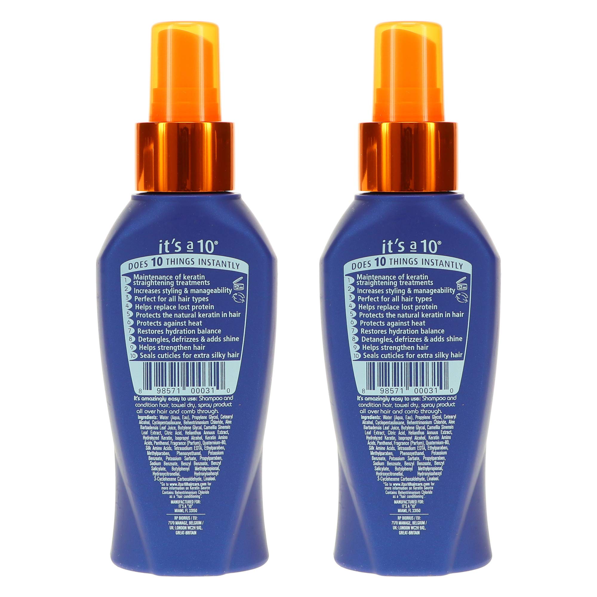 It's a 10 Haircare Miracle Leave-In Keratin Spray packaging highlights travel-friendly 4 oz two-pack