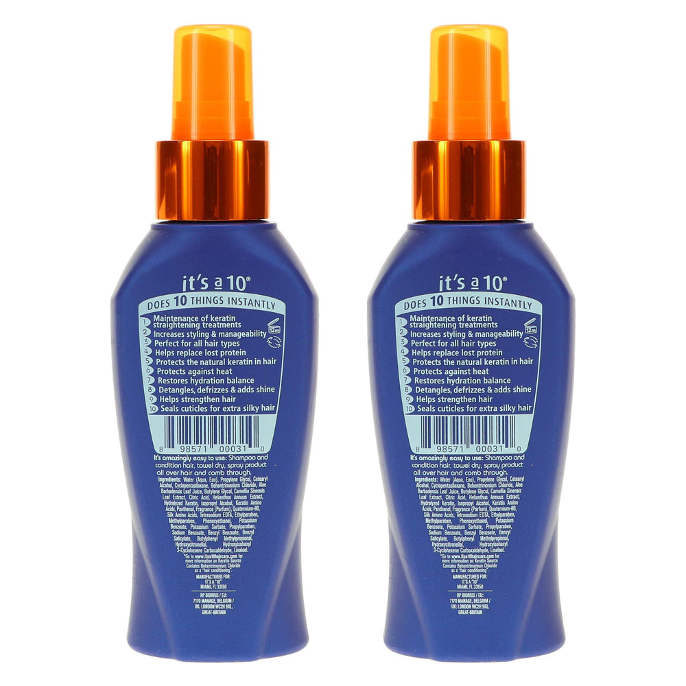 It's a 10 Haircare Miracle Leave-In Keratin Spray packaging highlights travel-friendly 4 oz two-pack