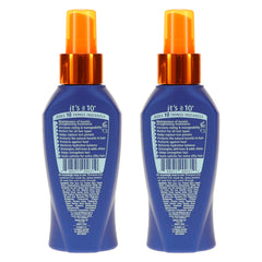 It's a 10 Haircare Miracle Leave-In Keratin Spray packaging highlights travel-friendly 4 oz two-pack