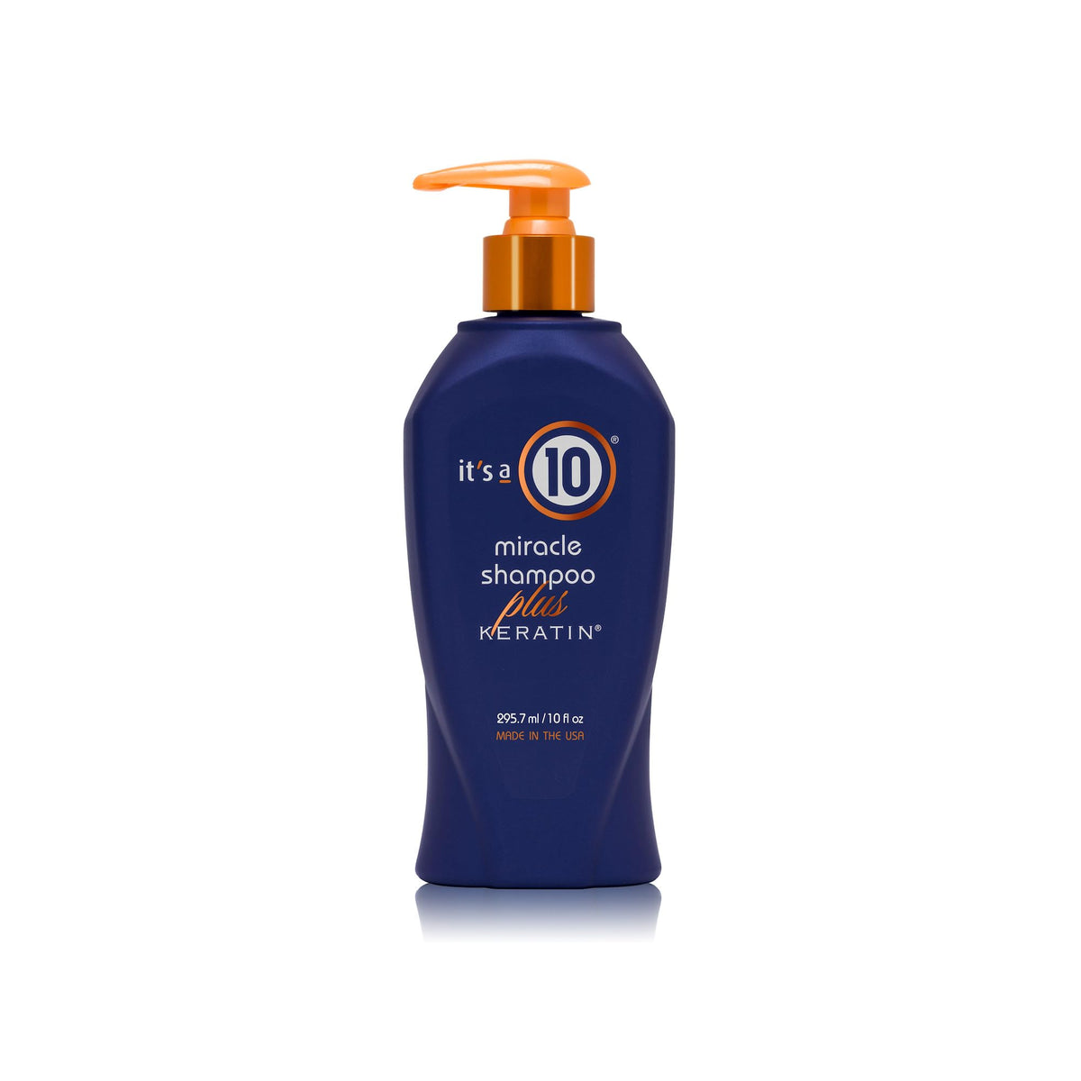 It's a 10 Haircare Miracle Shampoo Plus Keratin bottle pour shows keratin conditioning for stronger, smoother hair