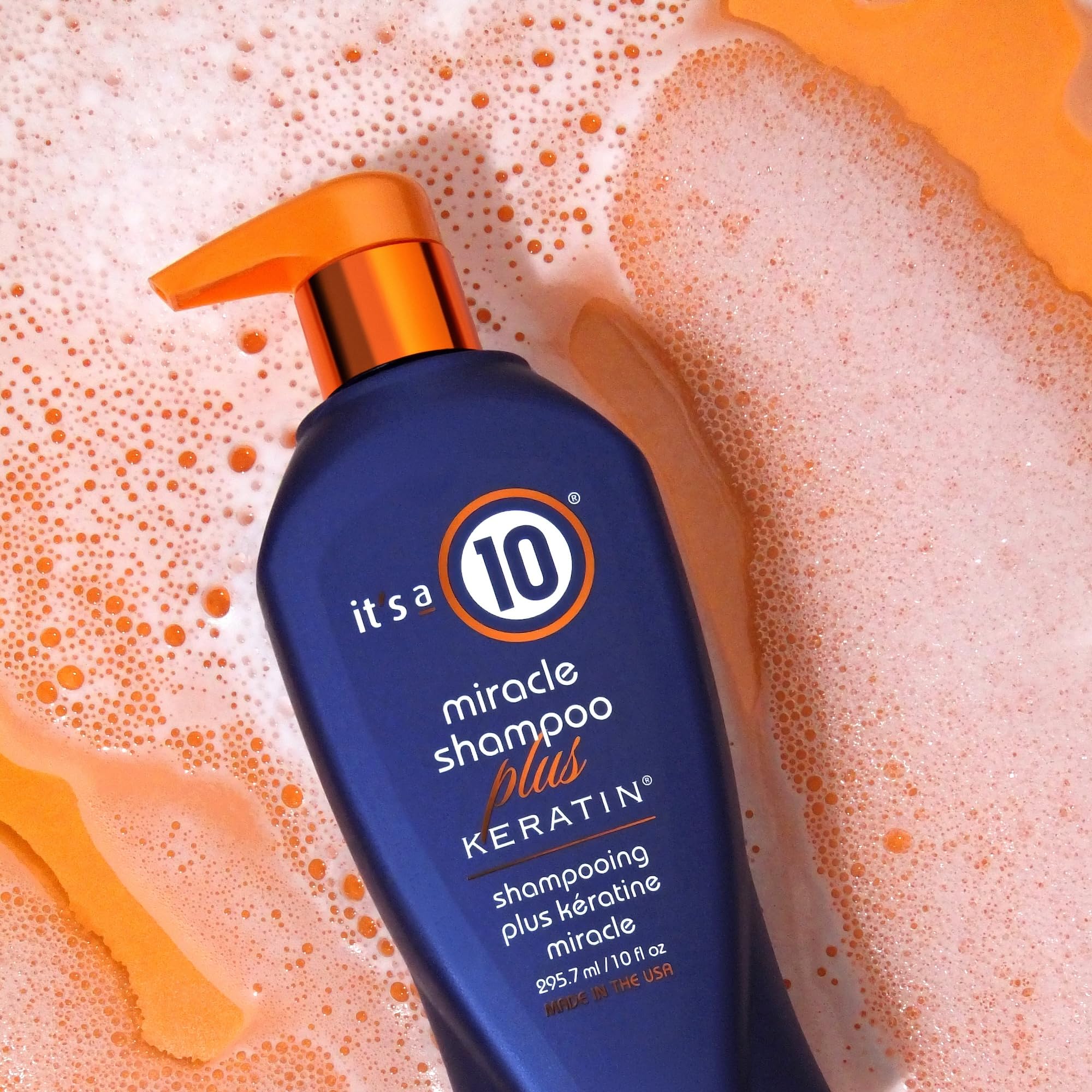 It's a 10 Haircare Miracle Shampoo Plus Keratin lather closeup emphasizes gentle cleansing with moisture