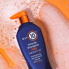 It's a 10 Haircare Miracle Shampoo Plus Keratin lather closeup emphasizes gentle cleansing with moisture