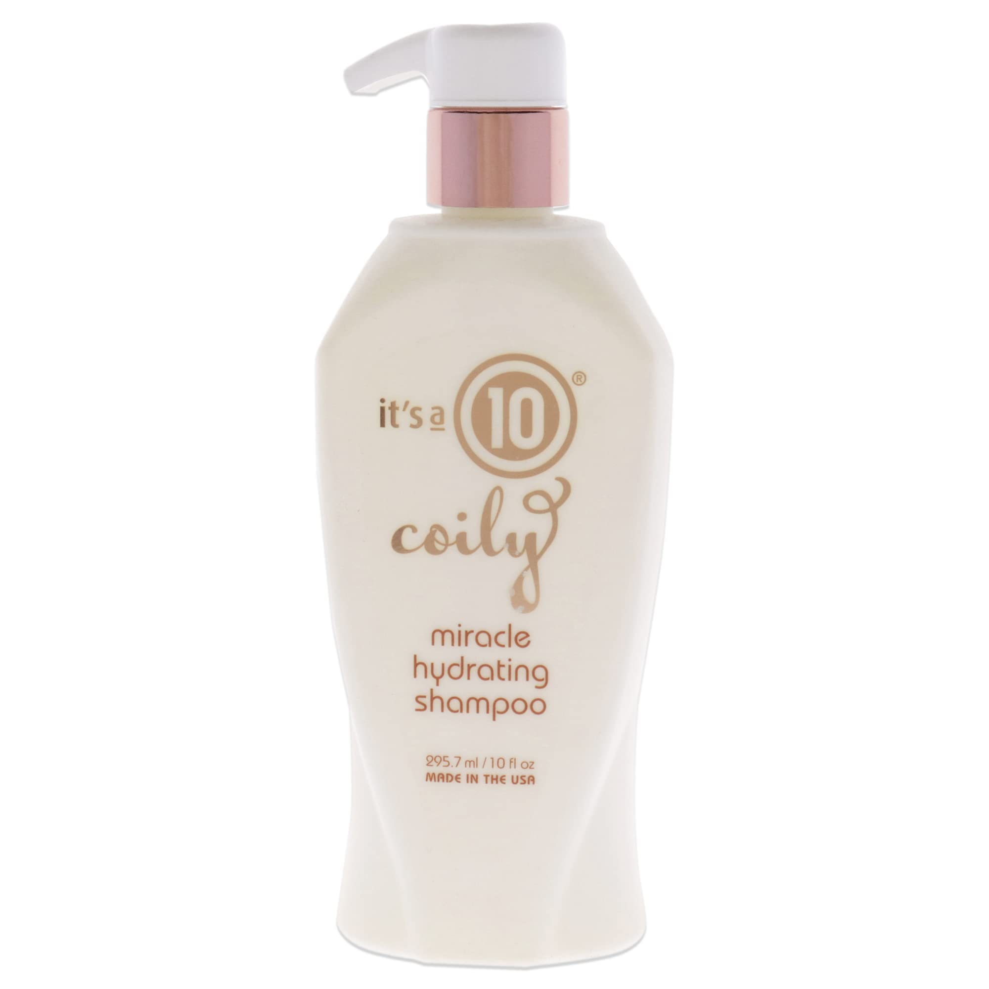 It's A 10 Coily Miracle Hydrating Shampoo bottle showing a hydrating formula for curls.