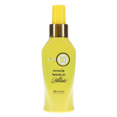 Its a 10 Blonde Miracle Leave-In Bottle pour demonstrates damage reversal and brassiness control.