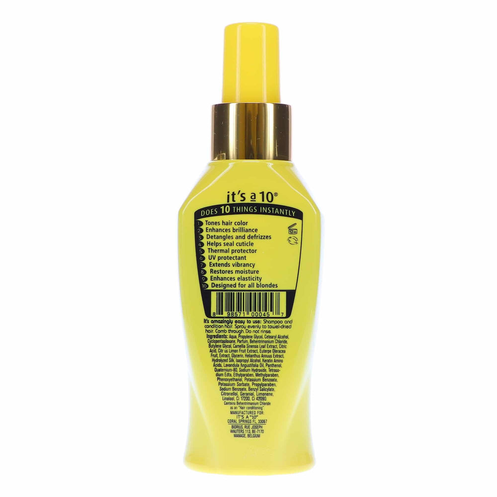 Its a 10 Blonde Miracle Leave-In Spray application supports detangling and color maintenance.