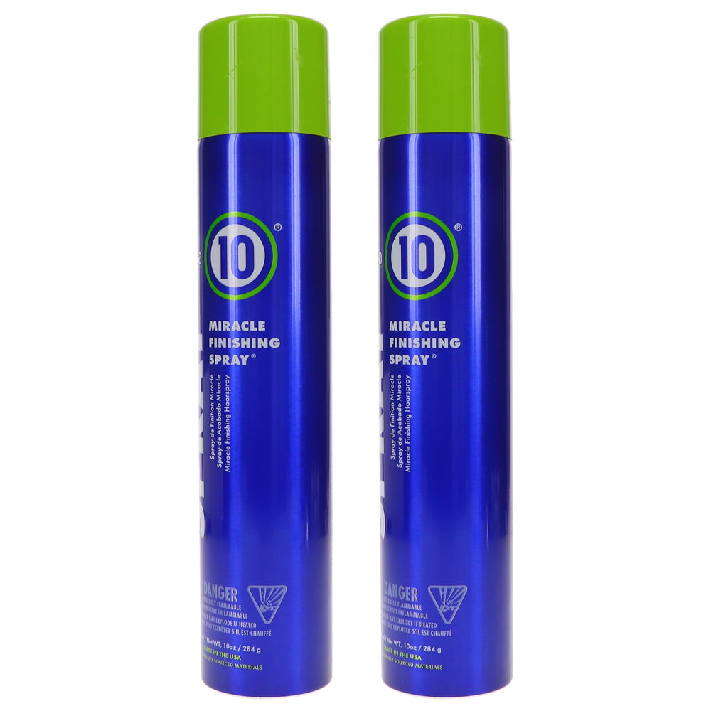 It's a 10 Haircare Miracle Finishing Spray bottle back highlighting lightweight hold.