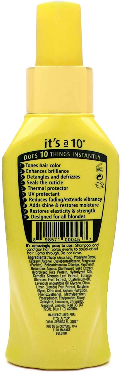 It's a 10 Miracle Leave-In for Blondes spray application helps detangle damp strands.