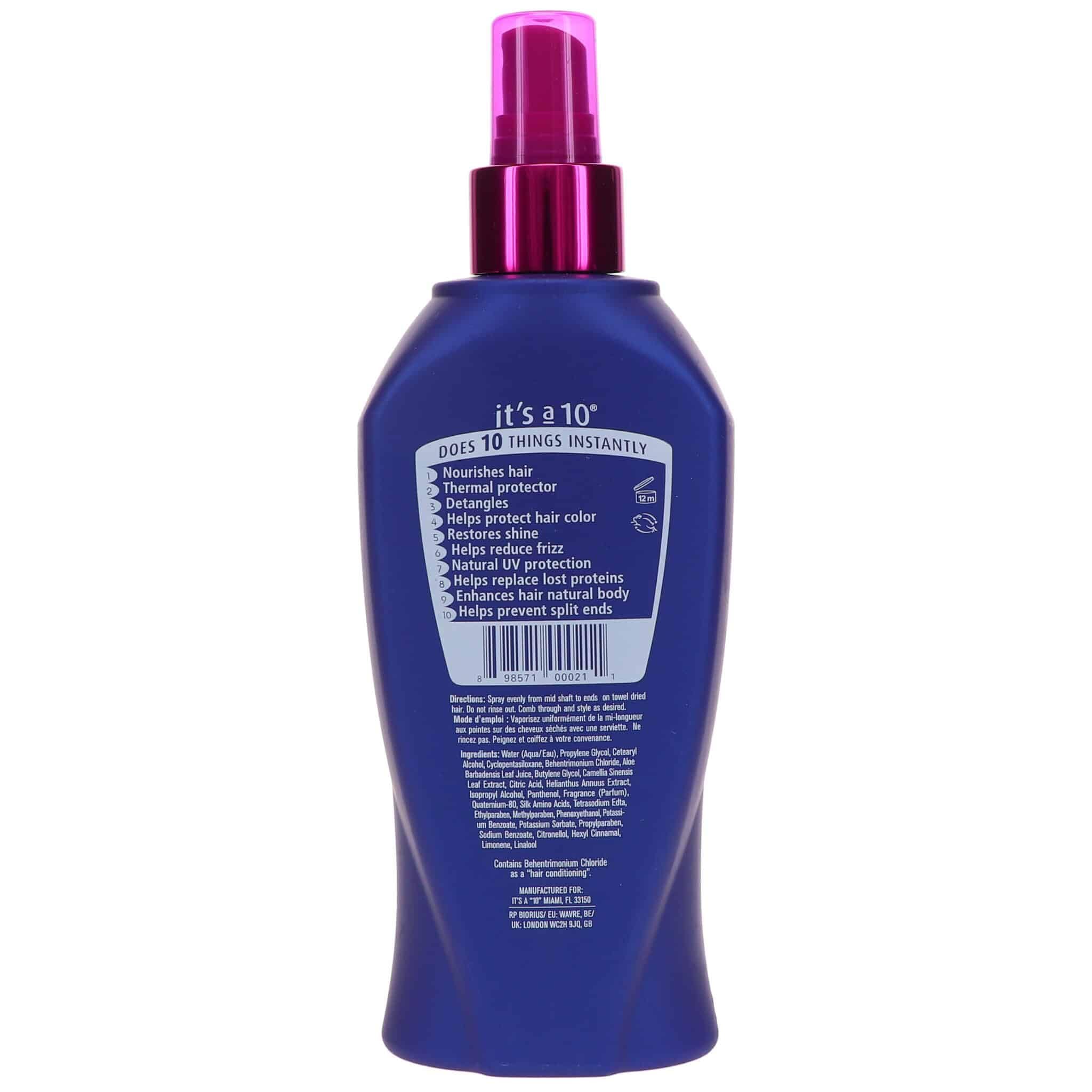 It's a 10 Haircare Miracle Leave-In bottle pour highlights quick-application benefits.