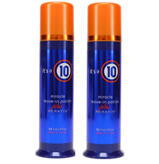 It's a 10 Haircare Miracle Leave-In Potion Plus Keratin bottle pour for frizz control.